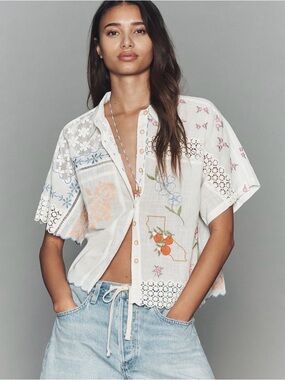 NWT Anthropologie 100% Cotton White Embroidered Button-down Top XXS SOLD OUT!